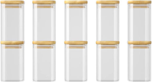 G.a HOMEFAVOR Glass Jars Set, Spice Jars with Bamboo Airtight Lids and Labels, 9.2oz 10 Pcs Small Food Storage Containers for Home Kitchen, Tea, Herbs, Sugar, Salt, Coffee, Herbs, Grains