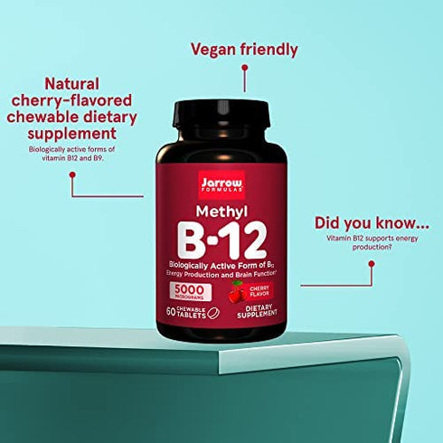 Jarrow Formulas Maximum Strength Methyl B-12 5000 mcg - Dietary Supplement - 60 Chewable Tablets, Cherry Flavored - Bioactive Vitamin B12 - Supports Cellular Energy Production - Non-GMO & Gluten Free