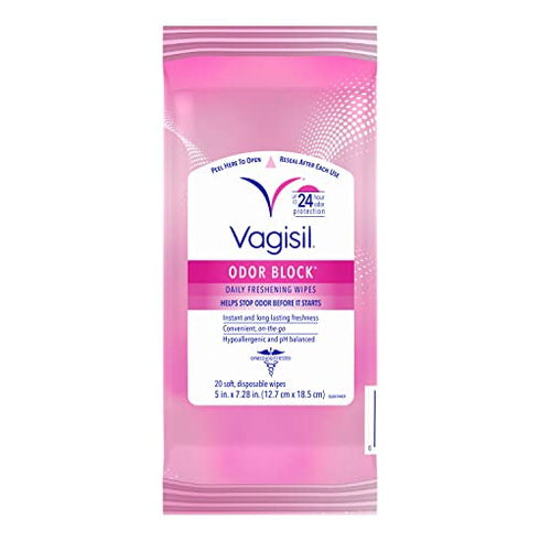 Vagisil Odor Block Daily Freshening Wipes for Feminine Hygiene in Resealable Pouch, Gynecologist Tested & Hypoallergenic, 20 count (Pack of 1)