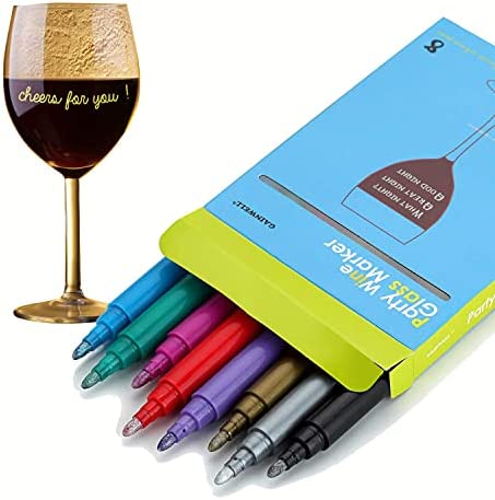 GAINWELL Wine Glass Markers – Pack of 8 Food–Safe Non-Toxic Wine Glass Marker Pens, Can also be Used on Ceramic Plates and other Glass and Dinnerware