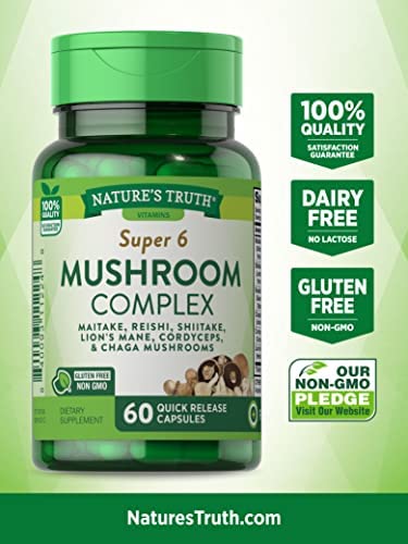 Mushroom Supplement Capsules | 60 Count | Full Spectrum | Non-GMO, Gluten Free | Complex of Super 6 Mushrooms | by Nature's Truth
