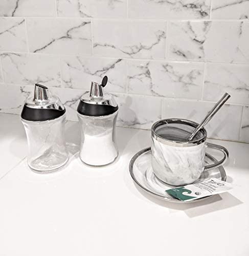 J&M Design Sugar Dispenser Shaker w/ Pour Spout For Coffee Bar Accessories , Tea Organizer Station Essentials , Coffee Gifts & Kitchen Baking w/ Easy Spoon Pouring Lid - 7.5oz Glass Jar Container Bowl