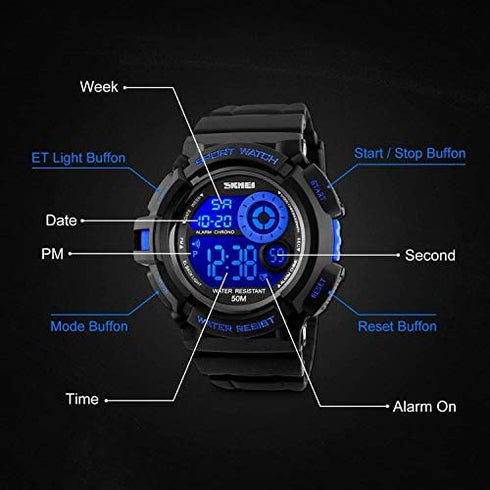 Skmei Mens Sport Running Watch, Digital Electronic 50M Waterproof Military Army Sports LED Wristwatch Water Resistant with Stopwatch Unique Dial 7 Color Changeable Backlight - Blue