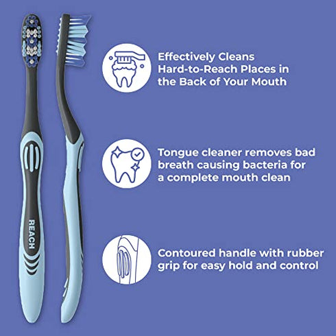 REACH Essentials Toothbrush with Toothbrush Caps, Multi-Zoned Angled Soft Bristles, Contoured Handle, Tongue Scraper, 6 Count (Pack of 1)