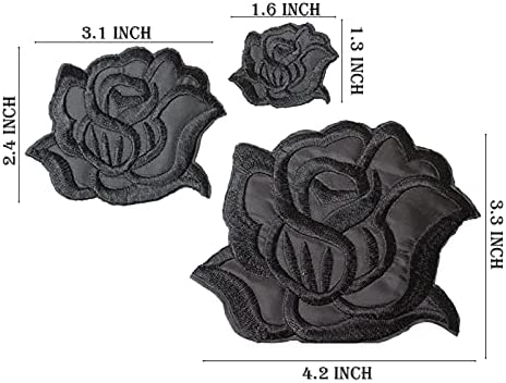 U-Sky Sew or Iron on Patches - Cool Black Rose Patch for Clothing Jackets - 3pcs Different Size Pack - 4.2x3.3 inch, 3.1x2.4 inch, 1.6x1.3inch