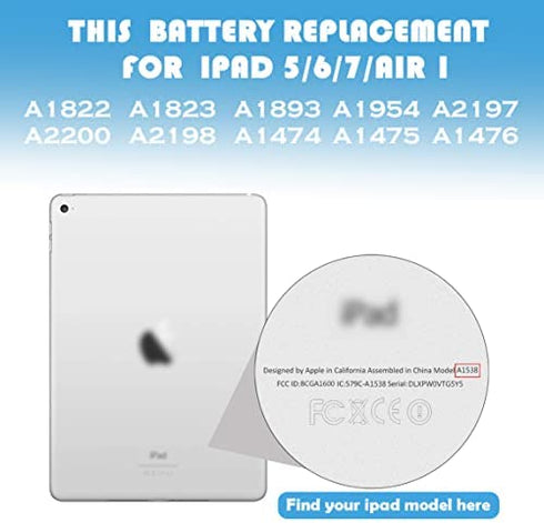 Replacement Battery for iPad 5/iPad 6/iPad 7/ipad 8/iPad air, Teseko Battery Kit with Repair Tools Compatible with A1822, A1823,A1474, A1475,A1476,A1893,A1954,A2197,A2200,A2198,A2270,A2428,A2429,A2430