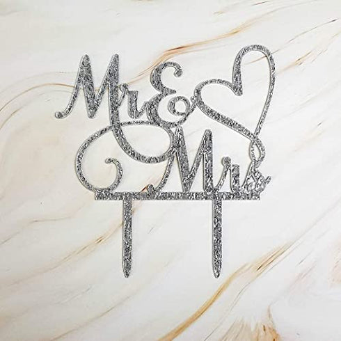 AMINJIE Mr and Mrs Cake Topper, Bride and Groom Sign Wedding/Engagement Cake Toppers Decoration, Silver Glitter Acrylic