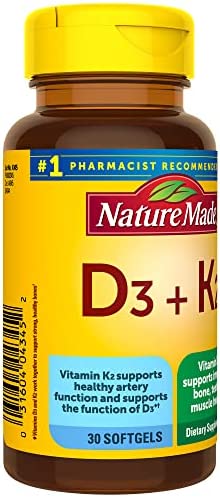 Nature Made Vitamin D3 K2, 5000 IU (125 mcg) Vitamin D, Dietary Supplement for Bone, Teeth, Muscle and Immune Health Support, 30 Softgels, 30 Day Supply