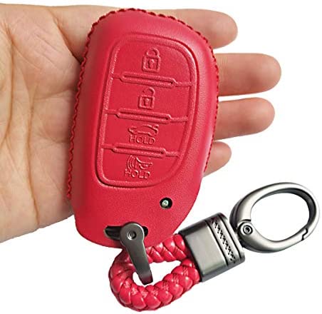 Alegender 4 Buttons Red Leather Smart Key Fob Cover Case Remote Bag Protector Fit for 2016 2017 2018 2019 Hyundai 2020 2021 Tucson Elantra Sonata (NOT FIT Flip/Pop Out/Folding Key)