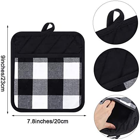 4 Pieces Buffalo Check Pot Holders with Pocket Potholders Buffalo Plaid Cloth Gloves Pocket Black and White Pot Holders for Kitchen