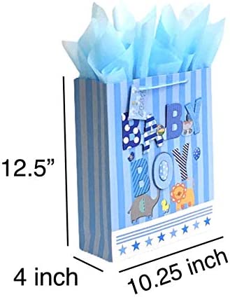 12.5" Medium Baby Gift Bags with Tissue Papers for Baby Showers 2-Pack (Blue)