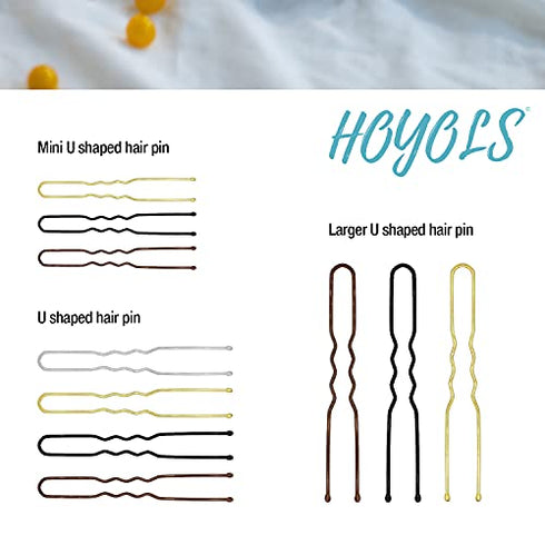 Hoyols U Shaped Hair Pins Blonde, Assorted Size U Shape Bobby Pins, Metal Bun Clips Crimped Design with Ball Tips for Buns Women Girls Grips Hairstyle Updo Thin Thick Hair Gold, 150 Count (Blonde)