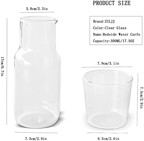 ZILJJ 500ml Bedside Water Carafe Set with Tumbler Glass Set for Bedroom Nightstand, Glass Mouthwash Bottle for Bathroom,Clear Glass Juice Water Pitcher,Night Water Carafe with Cup Set (17.5 oz)
