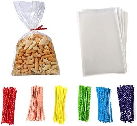 100 Pcs 10 in x 6 in Clear Flat Cello Cellophane Treat Bags Good for Bakery, Cookies, Candies ,Dessert(by Brandon)1.4mil.Give Metallic Twist Ties!