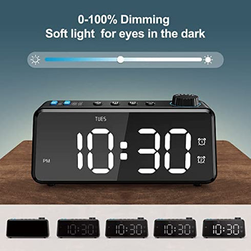 Digital Alarm Clock Radio for Bedroom - 0-100% Dimmer, FM Radio with Sleep Timer, Dual Alarm with Weekday/Weekend, USB Charging Port, Battery Backup, Snooze, Easy to Set, for Bedside Table, Desk