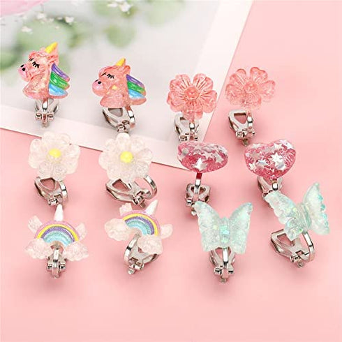 6Pairs Crystal Unicorn Clip On Earrings for Little Girls, Rainbow Earrings Butterfly Earrings Toddler Girls Dress Up Jewelry …