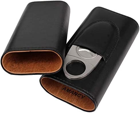 AMANCY Classic Black Leather 3 Fingers Cigar Case with Cedar Wood Lining ,Silver Stainless Steel Cutter Contained