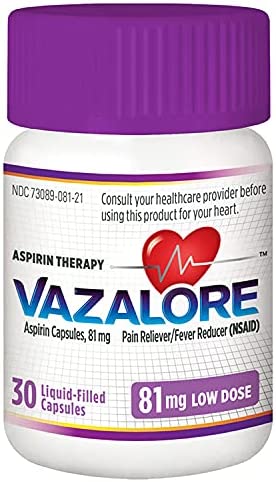 VAZALORE® Aspirin 81mg for Adults | Low Dose Aspirin Heart Therapy | Liquid-Filled Capsules to Help Protect Stomach | Pain Relief | 30 Count
