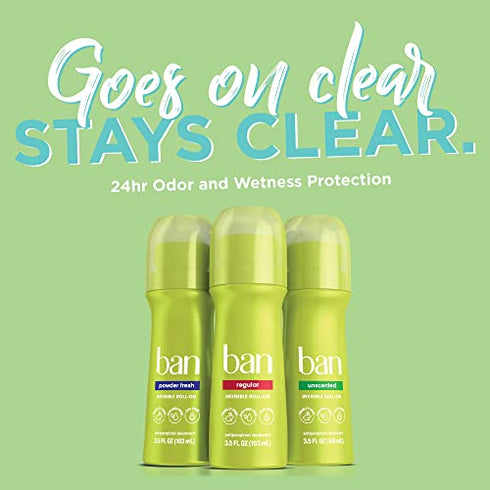 Ban Powder Fresh 24-hour Invisible Antiperspirant, Roll-on Deodorant for Women and Men, Underarm Wetness Protection, with Odor-fighting Ingredients, 3.5 Fl Oz (Pack of 2)