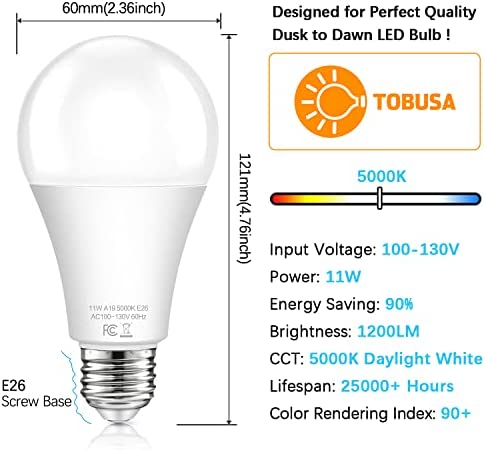 Dusk to Dawn Light Bulbs Outdoor 100 Watt Equivalent, 11W Automatic On/Off Sensor Light Bulb Daylight 5000K, A19 Outdoor LED Light Bulbs Photocell for Porch Garage Yard Security, E26 Base, 4-Pack