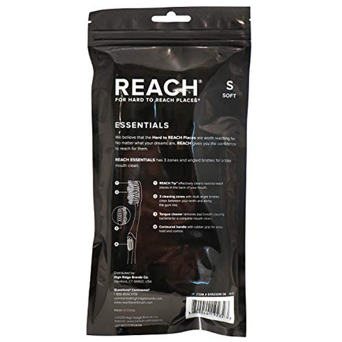 REACH Essentials Toothbrush with Toothbrush Caps, Multi-Zoned Angled Soft Bristles, Contoured Handle, Tongue Scraper, 6 Count (Pack of 1)