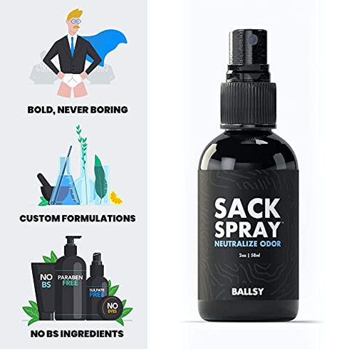 Ballsy Sack Spray (2oz) – Natural Deodorant for Men - Ball Spray for Men to Neutralize Odor & Skin Irritation w/ Tea Tree & Aloe Vera Extracts- Cruelty, Sulfate & Paraben-Free Deodorant Spray