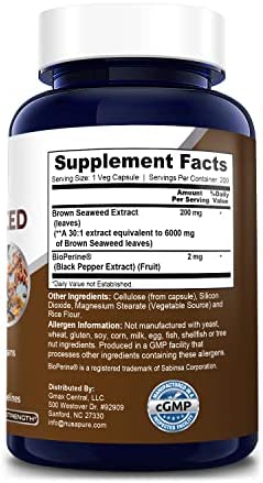 Brown Seaweed Extract 6,000 mg with Bioperine - 200 Veggie Capsules (100% Vegetarian, Non-GMO & Gluten Free)