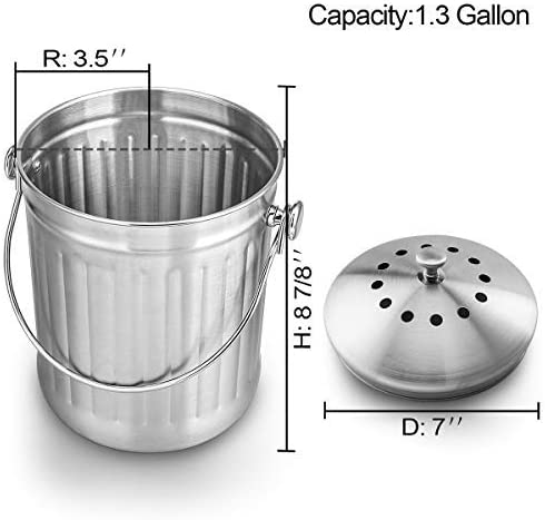 ENLOY Compost Bin, Stainless Steel Indoor Compost Bucket for Kitchen Countertop Odorless Compost Pail for Kitchen Food Waste with Carrying Handle 1.3 Gallon Easy to Clean