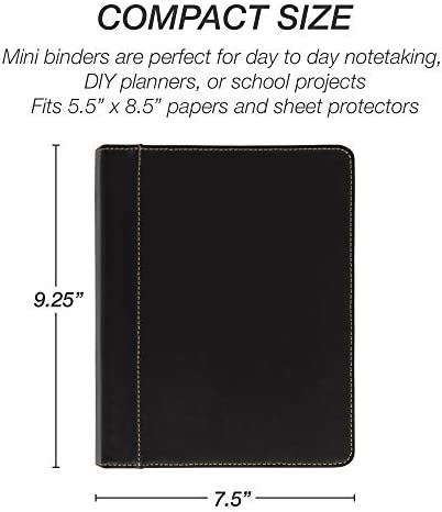 Samsill 1" Junior Size Contrast Stitch Leather 3 Ring Binder, Holds 8.5 x 5.5" Paper Size, Portfolio Organizer, Black