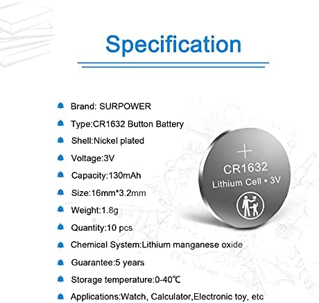 SURPOWER CR1632 3V Lithium Battery CR 1632-10 Pack?5-Year Warranty?