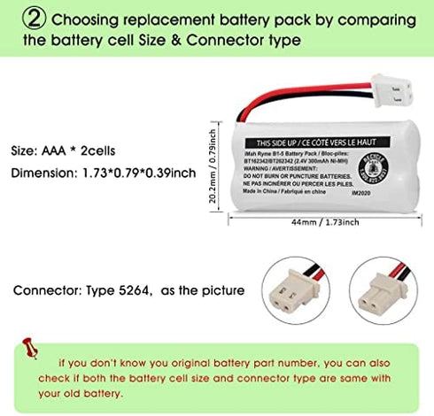 iMah BT162342/BT262342 2.4V 300mAh Ni-MH Cordless Phone Battery Pack, Also Compatible with BT183342/BT283342 AT&T EL52351 TL90070 VTech CS5119 DS6511 DS6722 LS6305 Handset, 5-Pack