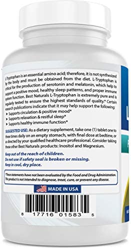Best Naturals L-Tryptophan 1000 mg 60 Tablets (60 Count (Pack of 1))