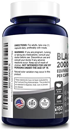 Black Maca Root 20,000 mg 180 Veggie Capsules (Vegan, Non-GMO, Gluten-Free) Max Strength,40:1 Extract