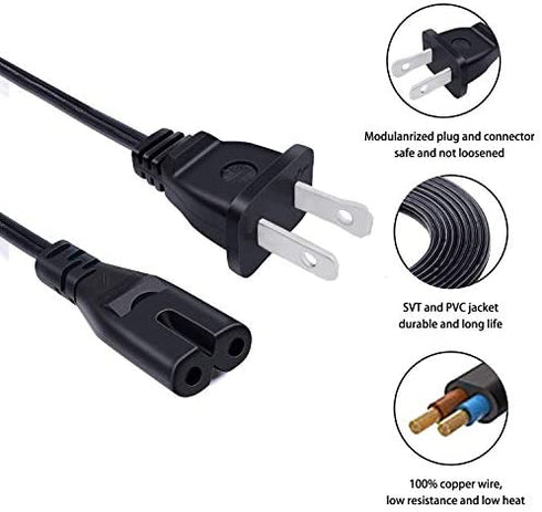 UL 8ft 2 Prong Power Cord for TCL Roku Smart TV HDTV 32 inch 40 42 43 48 50 55 60 65 75 inches 55FS4610R 32S4610R 50FS3800 55FS4690 40FS3800 TV Power Cord IEC C7 Replacement Cable