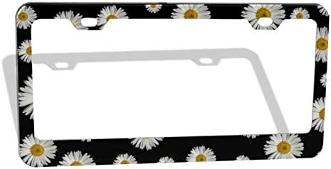 FunnyLpopoiamef Customized Personalized Stainless Steel License Plate Frame Holder, Decorative License Plate Frame White Daisy Black Background