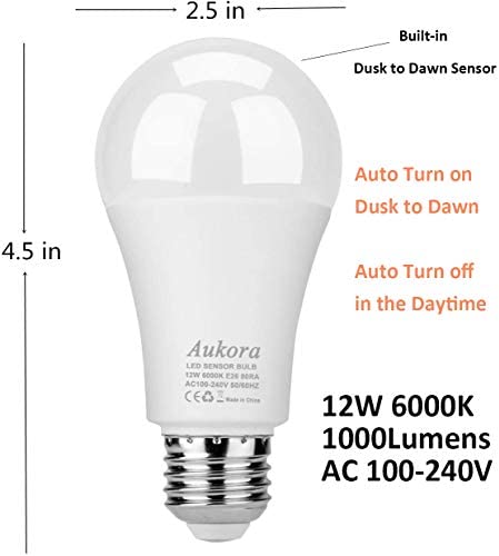 Aukora Dusk to Dawn Light Bulb, 12W (100-Watt Equivalent) Smart Sensor Light Bulbs Super Bright E26 Automatic On/Off Security Lights Outdoor/Indoor for Porch Garage Garden Patio(Cool White 2 Pack)