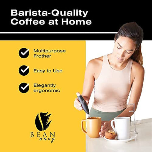 Bean Envy Handheld Milk Frother for Coffee - Electric Hand Blender, Mini Drink Mixer Whisk & Coffee Foamer Wand w/ Stand for Lattes, Matcha and Hot Chocolate - Kitchen Gifts - Blue