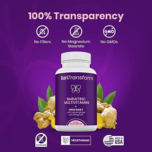 BariTransform Bariatric Multivitamin with Iron Capsule – 90 Ct – Bariatric Vitamins Multivitamin with Organic Ginger Root for Digestion Support, Nausea Relief – Once-A-Day Gastric Bypass Vitamins
