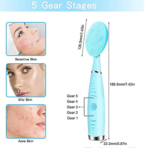 Sonic Facial Cleansing Brush, Lyrzzey Portable Handled Face Cleansing Brush with 5 Adjustable Speeds Vibrating Rechargeable Face Cleansing Brush for Deep Cleaning Gentle Exfoliating Massaging(Blue)