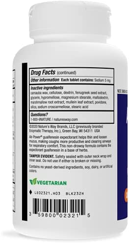 Nature’s Way Air-Power, Guaifenesin Expectorant, Clears Respiratory Airways, Vegetarian, 100 Tablets