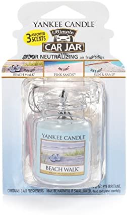 Yankee Candle Car Air Fresheners, Hanging Car Jar® Ultimate 3-Pack, Neutralizes Odors Up To 30 Days, Includes: 1 Beach Walk, 1 Pink Sands, and 1 Sun and Sand