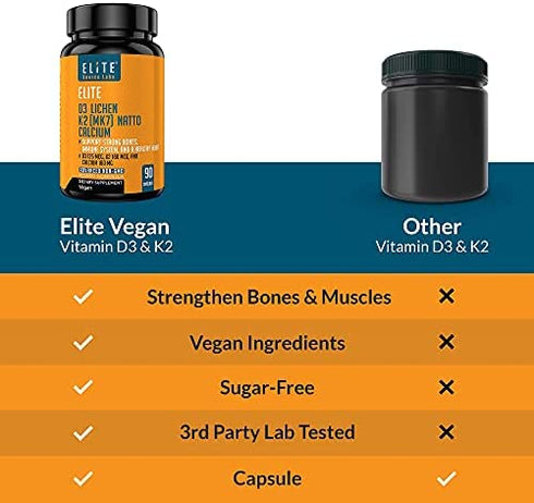 Elite Vitamin D3 K2 MK7 - Support Your Bones, Vitamin D Levels, Heart, and Immune System with Vegan Lichen Vitamin D3 5000 IU and Vitamin K2 MK-7 180 Mcg with Calcium Citrate. 90 Capsules
