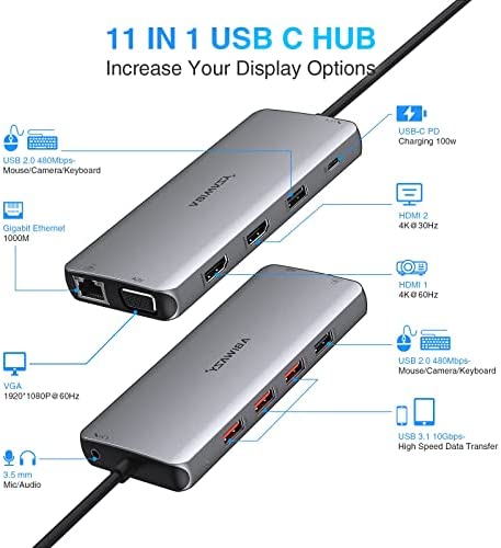 USB C Docking Station Dual Monitor, 11 in 1 Laptop Docking Station USB C Hub Dual HDMI Adapter Dongle with Gigabit Ethernet 2 HDMI VGA 5 USB PD Audio for HP/Dell/Lenovo/Surface/Chromebook/Thinkpad