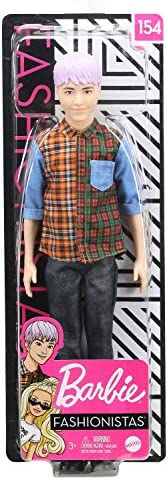 Barbie Ken Fashionistas Doll #154 with Sculpted Purple Hair Wearing a Color-Blocked Plaid Shirt, Black Denim Pants & Boots, Toy for Kids 3 to 8 Years Old