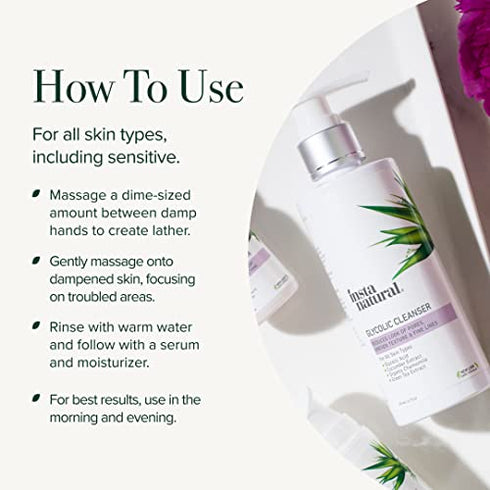 InstaNatural Glycolic Acid Cleanser, Pore Minimizer, Anti Aging & Exfoliating Face Wash for Hyperpigmentation and Acne, With Vitamin E and Lactic Acid