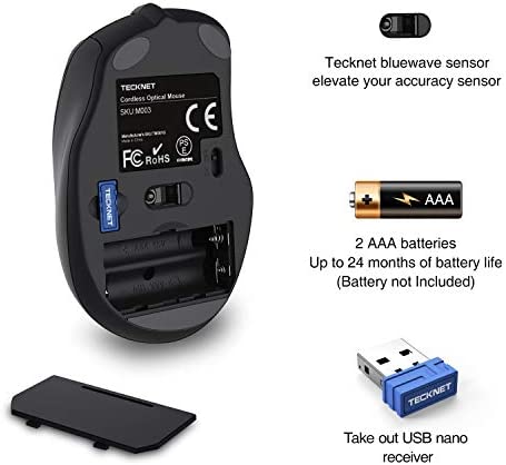 TECKNET Wireless Mouse, 2.4G Ergonomic Optical Mouse with USB Nano Receiver for Laptop, PC, Computer, Chromebook, Notebook, 6 Buttons, 24 Months Battery Life, 2600 DPI, 5 Adjustment Levels