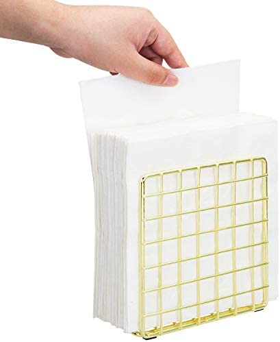 MyGift Modern Gold Metal Standing Napkin Holder with Wire Grid Design, Upright Dining Table Cocktail Napkin Holder