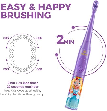 Vekkia Princess Kids Electric Toothbrush, 2 Minutes Timer for Age 3+, 4 Brush Heads, (Rechargeable)