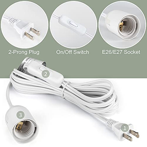 JACKYLED Extension Hanging Lantern Cord Cable UL 12Ft E26 E27 Socket On/Off Switch Plug in Pendant Lighting for Kitchen Bedroom Plant Growth Light