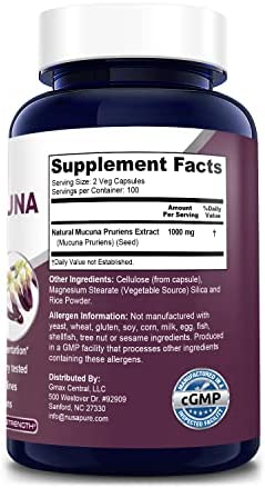 Mucuna Pruriens 1000mg 200 Veggie Caps (Non-GMO, 100% Vegetarian & Gluten Free)
